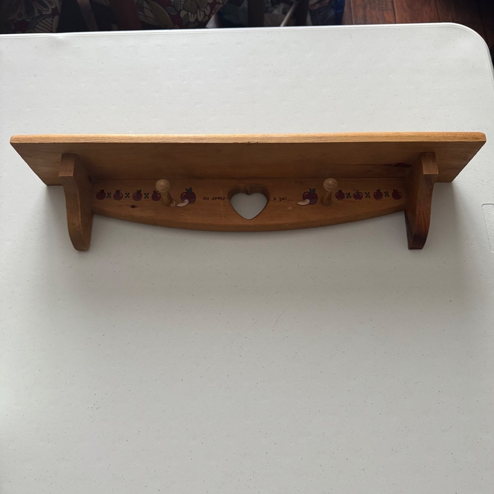 Cottagecore Farmhouse Vintage Wooden Wall Shelf Heart Cutout Apple Motif Pegs